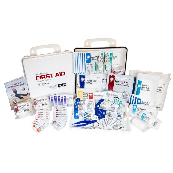 Bulk First Aid Kit, 50-Person, ANSI 2021 Class A, for Food Services with Blue Bandages, Polypropylene Box